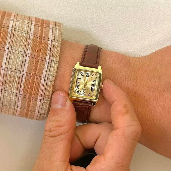 Other Other - Y2K Gold Brown Leather Quartz Watch with Roman Numerals Unisex 8.5" New